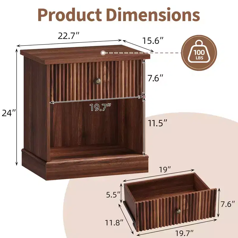 COZONY Fluted Nightstand with Drawer, Modern Bedside Table with Open Shelf, Nightstand with Storage, Space Saving Side Table with Curved Edge Base