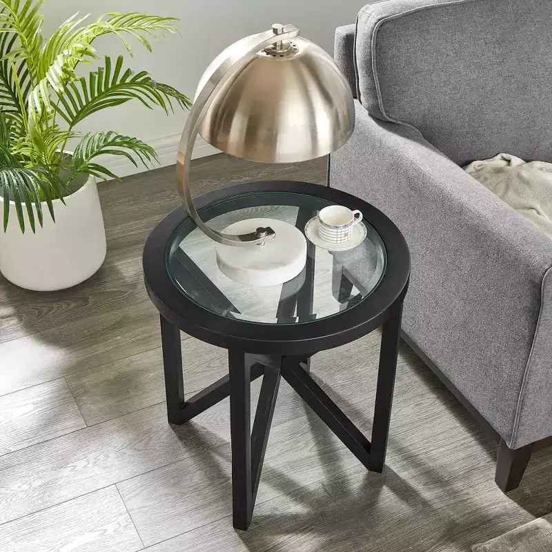 MAYEERTY Modern Round Simple Glass Coffee Table Tempered Glass Coffee Table Solid Wood Base for Living Room Black