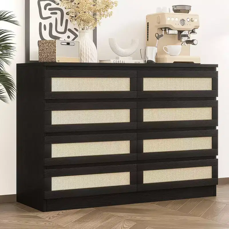 8 Drawer Double Dresser for Bedroom, Rattan Chest of Dressers, Modern Wooden Dresser Chest for Nursery, Living Room and Entryway