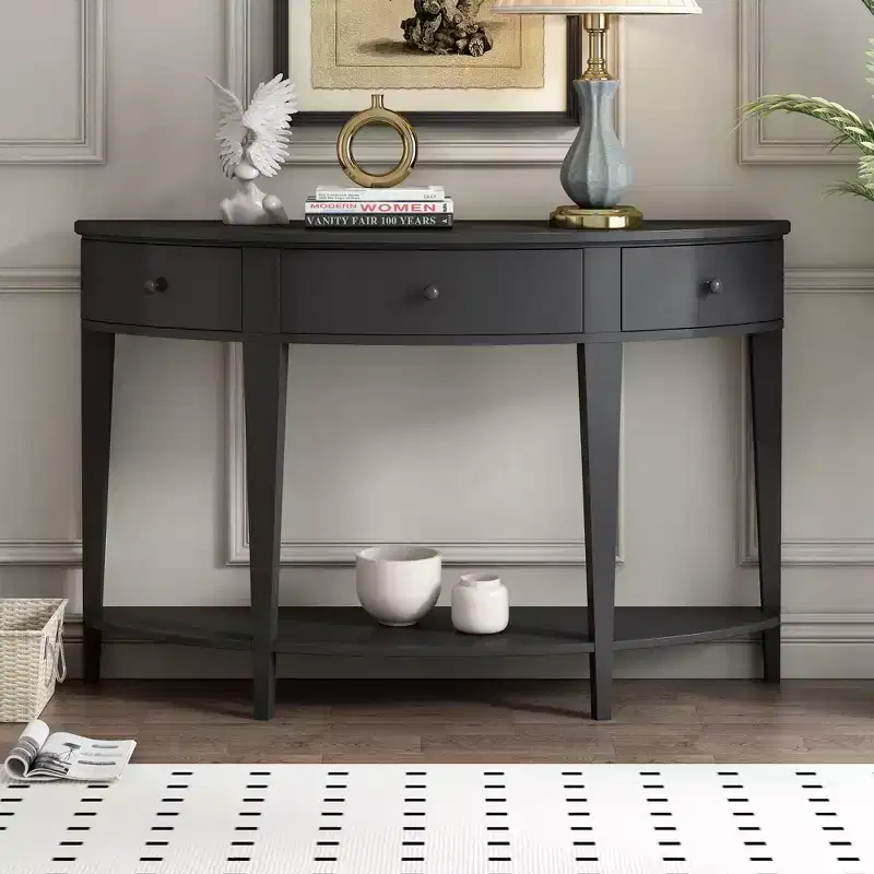 Vintage Console Table with Storage, Wood Entryway Table with Drawer, Half Moon Hallway Table with Open Shelf
