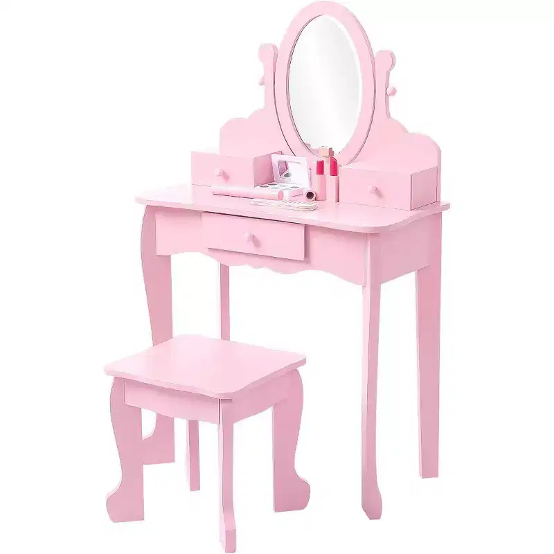Acekool Kids Vanity Set with Adjustable Mirror, Childs Pretend Play Table, Chair & Makeup Accessories, White