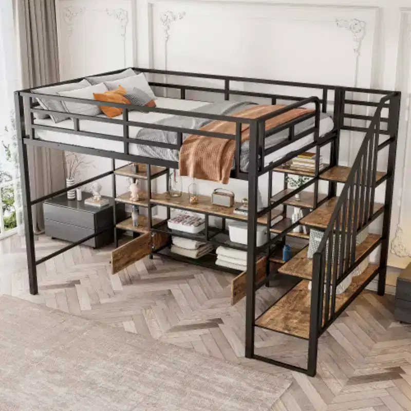 Full Size Metal Loft Bed with Staircase,Low Storage Table and Storage Shelves,Black
