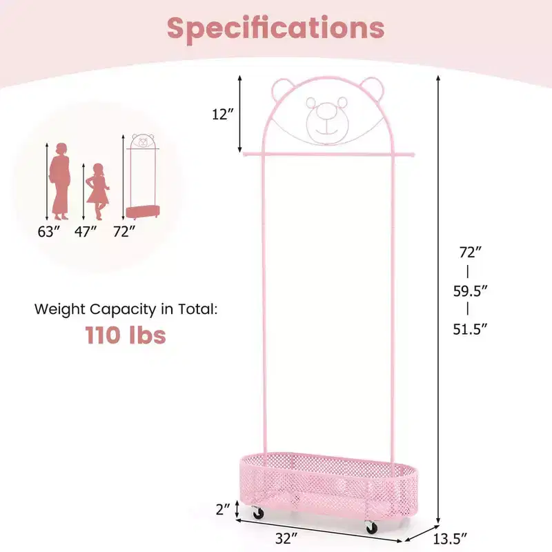 Kid Clothes Rack with 3 Adjustable Heights Home Freestanding Clothes Rack White/Pink