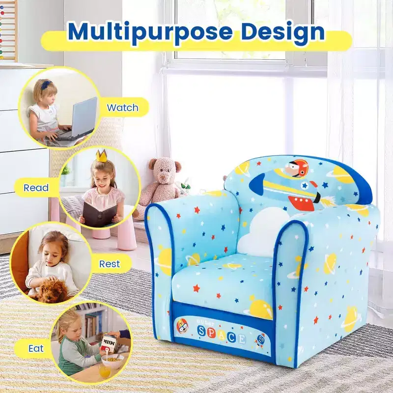 Kids' Sofa Chair – Toddler Upholstered Armchair, Wooden Frame, Blue