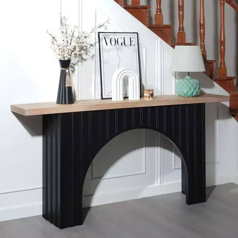 Okak 66IN Minimalist Console Table with Wooden Tabletop, Modern Entry Table with Arch Base, Accent Table for Entryway, Living Room, Black+Natural