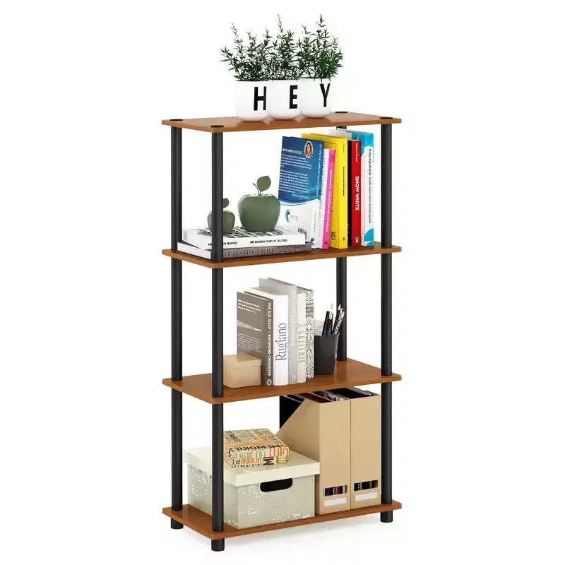 Furinno 4-Tier Ladder Decorative Bookshelf Open Multipurpose Shelf Display Rack Bathroom Kitchen Entryway Storage Shelves,Light Cherry/Black