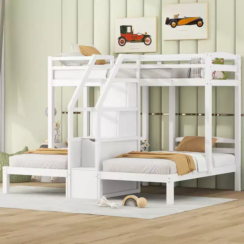 Triple Bunk Bed with Storages Staircase, Wood Twin Over Twin & Twin Bunk Bed Frame with Little Drawer and Storage Board for 3, White
