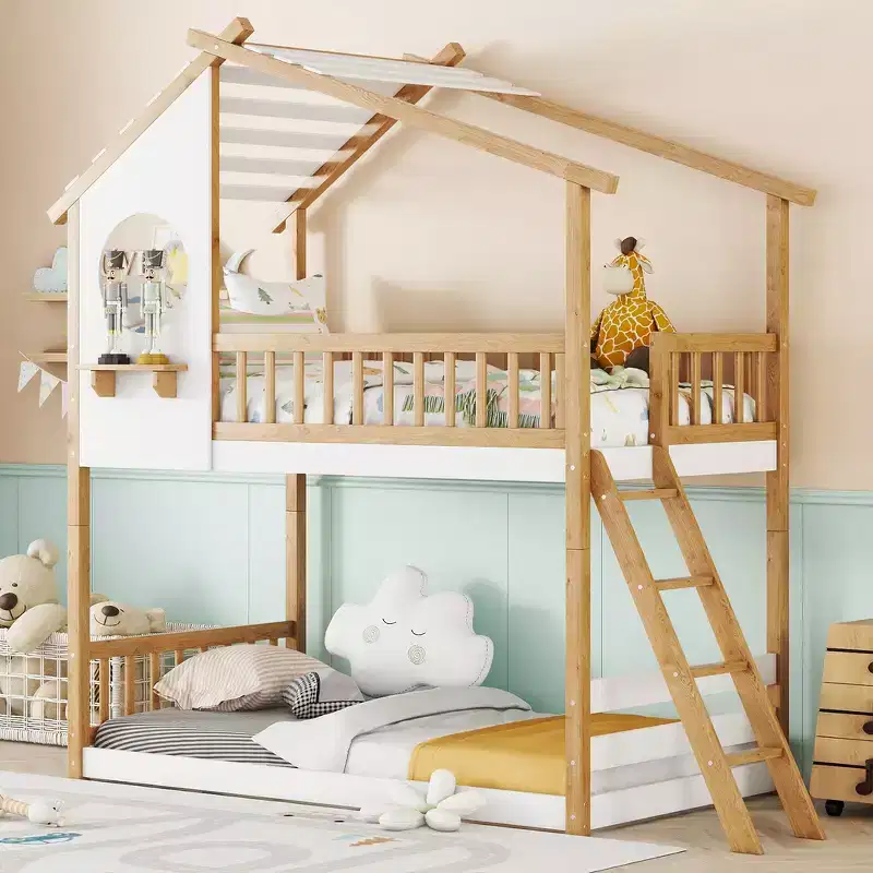 Twin Over Twin Bunk Bed with Playhouse Roof, Safe Ladder & Railings, Natural