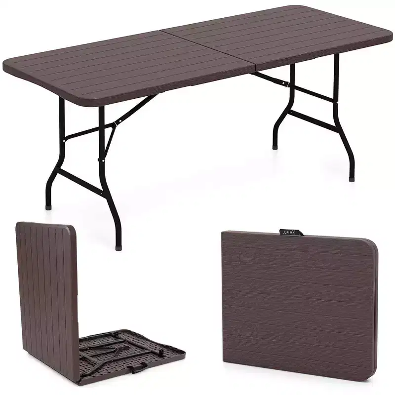 Costway 6 ft Portable Folding Table with Wood Grain HDPE Tabletop Safe Lock Mechanism Gray/Brown