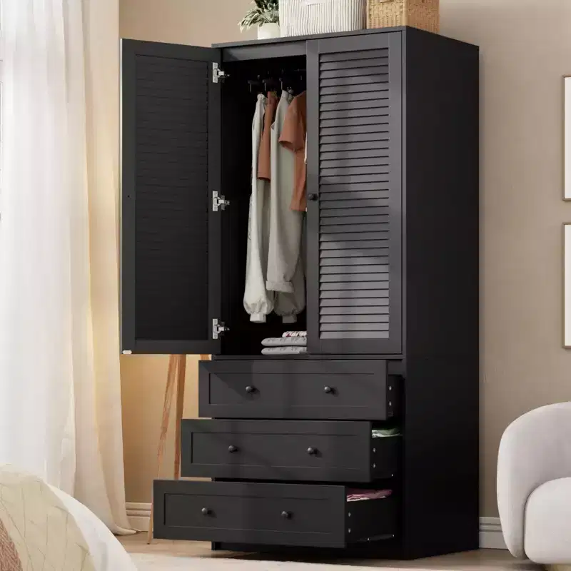 COZONY Armoire Wardrobe with 3 Drawers & 2 Doors, Modern Wooden Closet Cabinet for Bedroom, Heavy Duty White Standing Armoire
