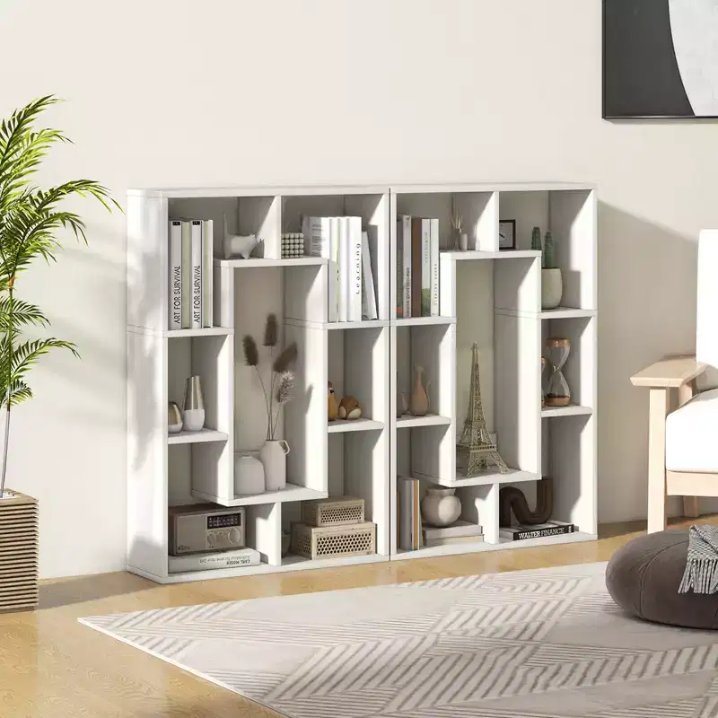Costway 2 PCS 7-Cube Geometric Bookshelf with Anti-Toppling Device Modern Open Bookcase White/Grey/Natural