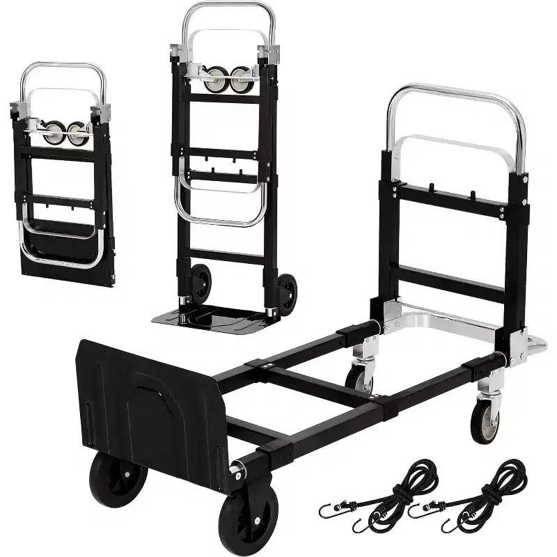 2 in 1 Convertible Hand Truck Dolly, 660 LBS Load Capacity Folding Cart with Wheels,Elastic Straps,Carbon Steel Collapsible Dolly Cart for Warehouse