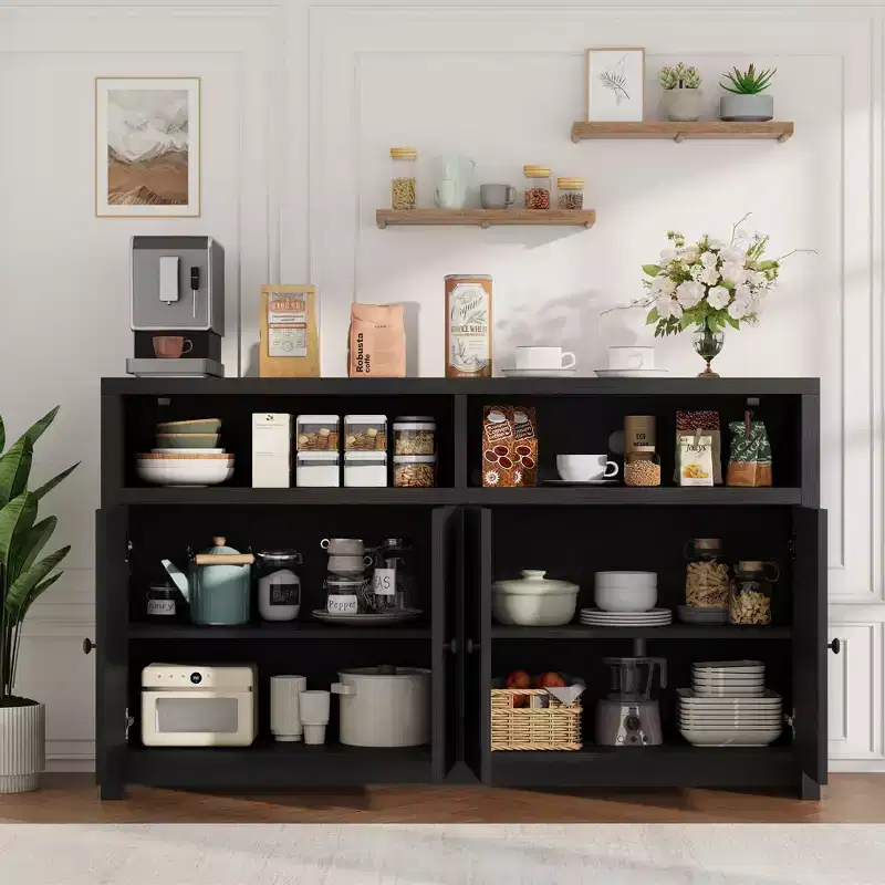 Buffet Sideboard with Storage, 4 Doors & Adjustable Shelves, 55'' Large Farmhouse Kitchen Storage Cabinet Wood Coffee Bar Cabinet for Kitchen