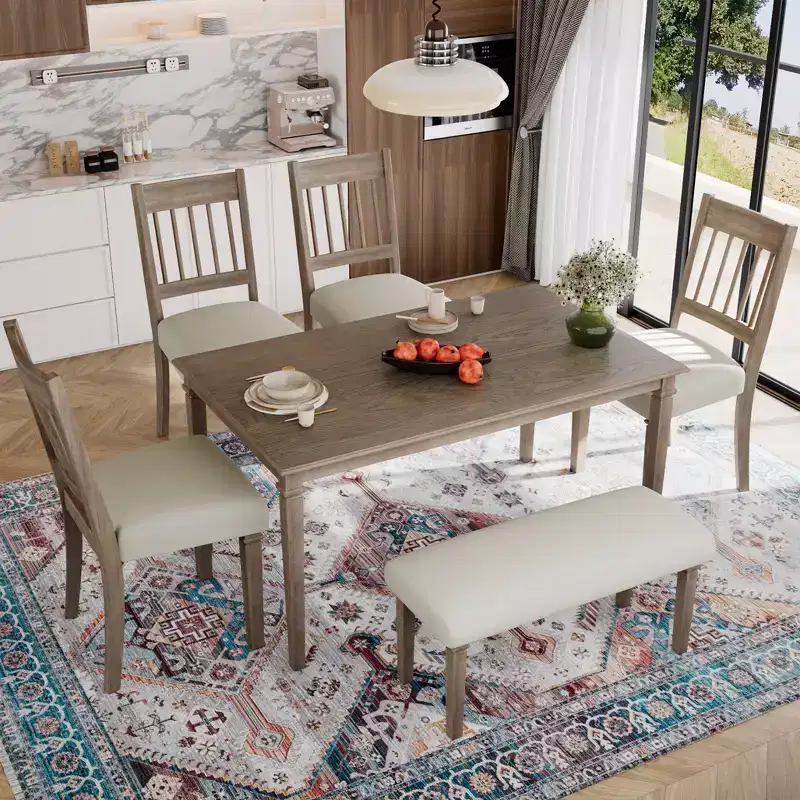 GDFStudio Griffin 6 Piece Retro Dining Set with Wooden Rectangular Table and 4 Chairs with Bench