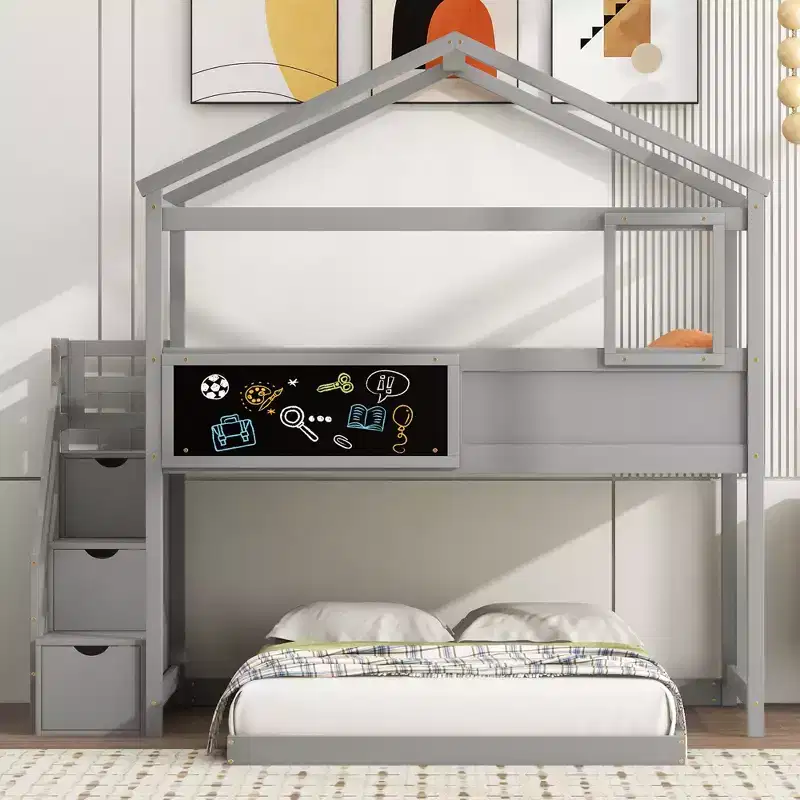 Whisen Twin over Full House Bunk Bed with Storage Staircase and Blackboard