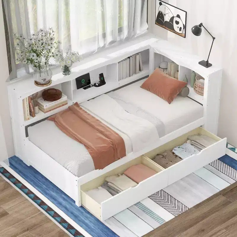 White / Wood Twin Size Daybed with Storage Drawers, Cabinets & USB Ports – 1 Person