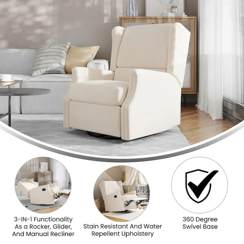 Wingback Upholstered Manual Recline Rocking Swivel Glider Chair