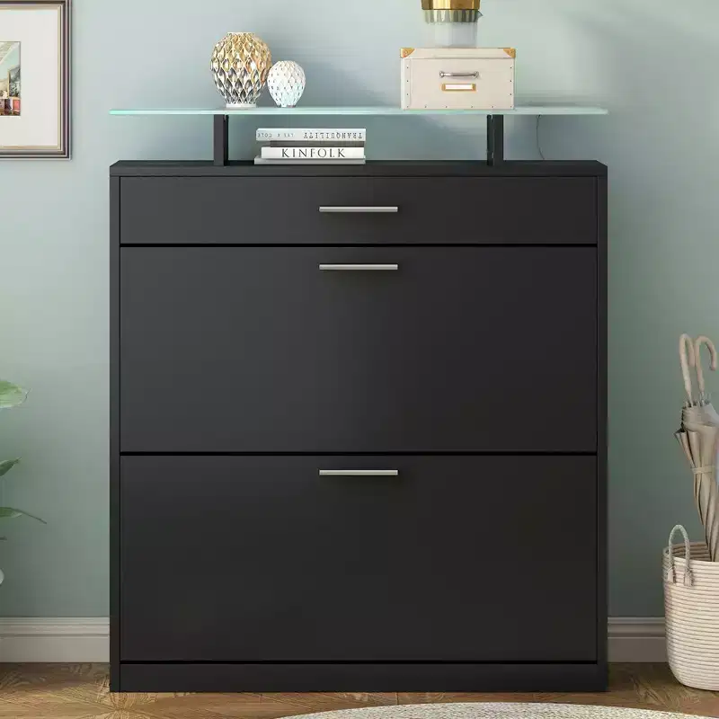 Okak Slim Shoe Cabinet, Freestanding Shoe Organizer with 2 Flip Drawer and 1 Sliding Drawer, Shoe Storage Cabinet for Entryway, Living Room