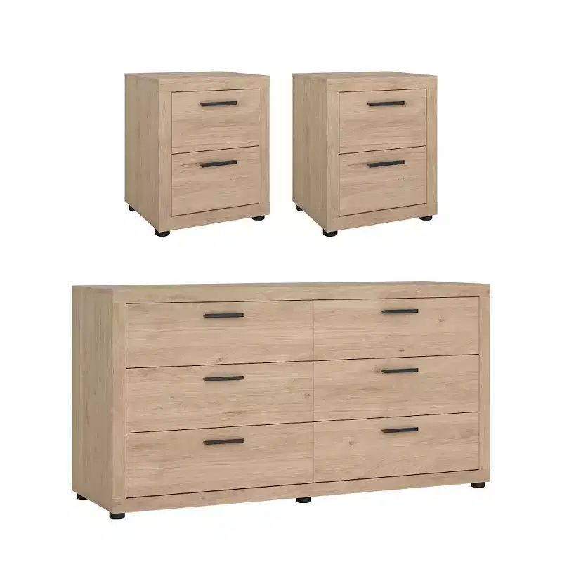 Tvilum, Mira 3-Piece Bedroom Set - 6 Drawer Double Dresser And Nightstand Set Of 2, Jackson Hickory