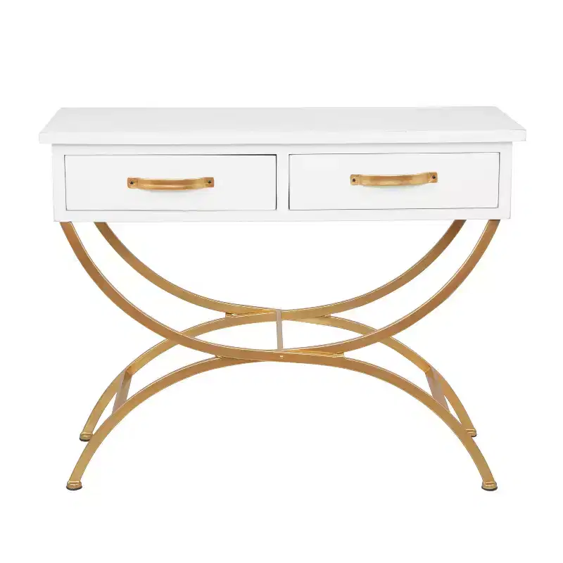 Contemporary Pine Console Table White - Olivia & May: Gold Frame, 2 Drawers, Sturdy Build, No Assembly Required