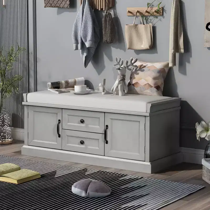 Storage Bench with 2 Drawers and 2 Cabinets, Shoe Bench with Removable Cushion for Living Room and Entryway, Gray Wash