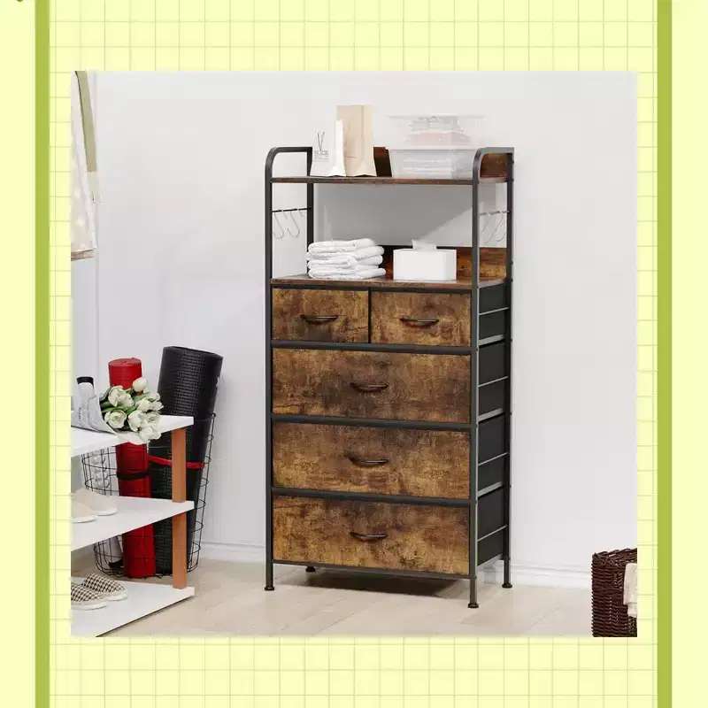 Garvee 5 Drawers Dresser for Bedroom - Fabric Storage Tower with Wood Top, Sturdy Steel Frame, Easy Pull Handle Dressers