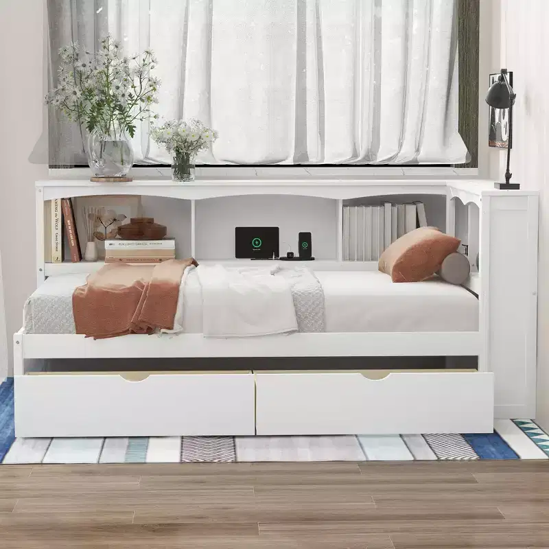 FAMYYT Twin Size Daybed with 2 Storage Drawers, Storage Cabinets and USB Ports, Easy Assembly, White