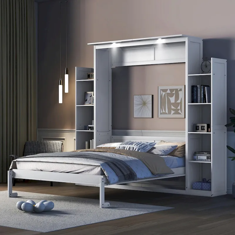 Queen Size Murphy Bed with Shelves and LED Lights