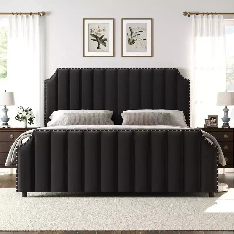 Whizmax Platform Bed Frame with 50.2 Headboard, Velvet Upholstered with Vertical Channel Tufted Headboard , No Box Spring Needed