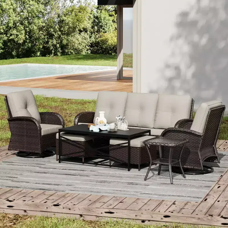 UPTIOT 7-Piece Outdoor Patio Set with 3-Seat Sofa, Two Swivel Chairs, Ottomans, Coffee & Side Tables