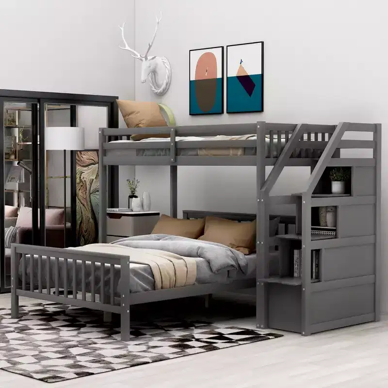 Solid Wood Twin over Full Bunk Bed with 3 Storage, Wooden Loft Bed and Platform Bed Frame, Can be Separated into 2 Beds