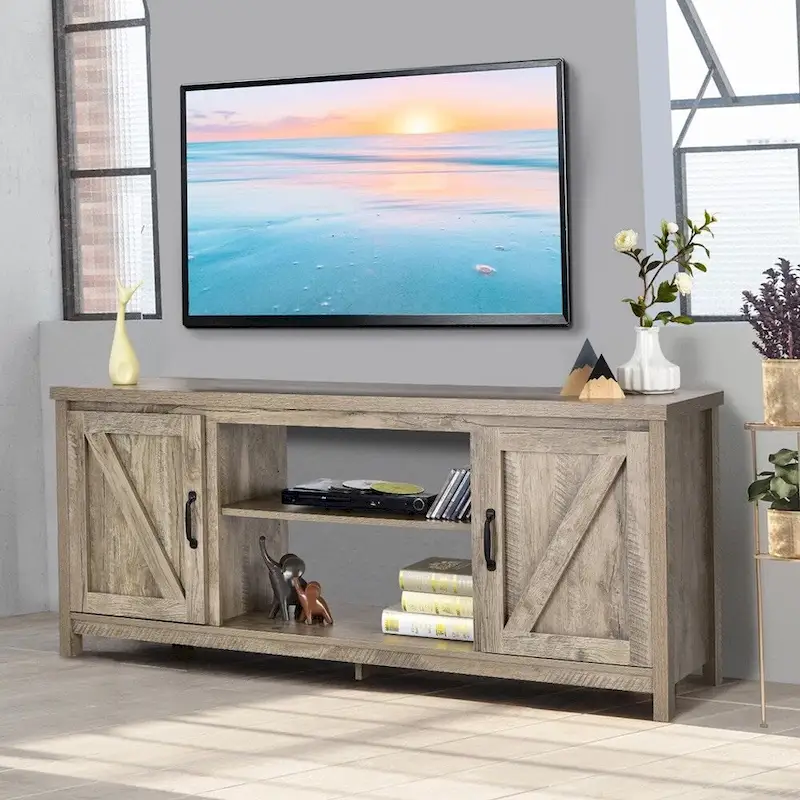 Brown Engineered Wood TV Stand with 2 Cabinets and Adjustable Shelves for 1 Person, Fits TVs up to 65