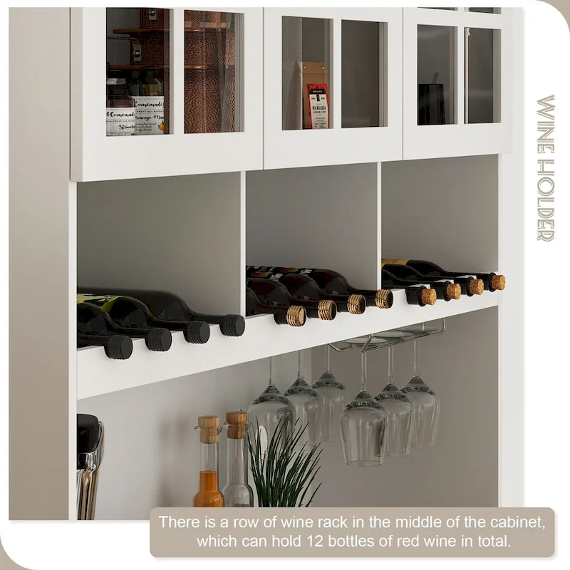 78.9Pantry Buffet White Buffet with Wine Glass Rack Drawer and Hutch