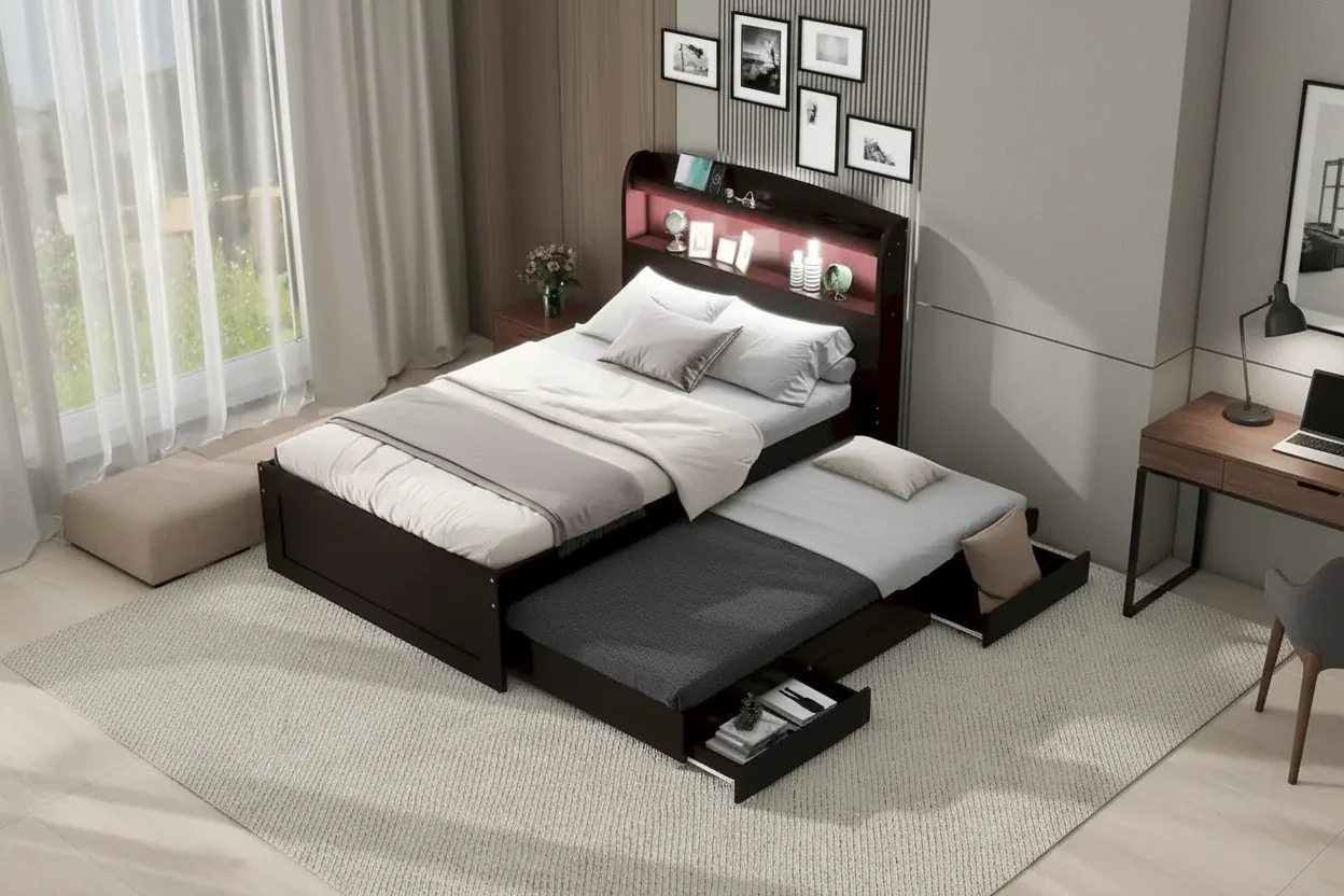 Pine & MDF  Platform Bed with LED Headboard, Trundle & 2 Drawers
