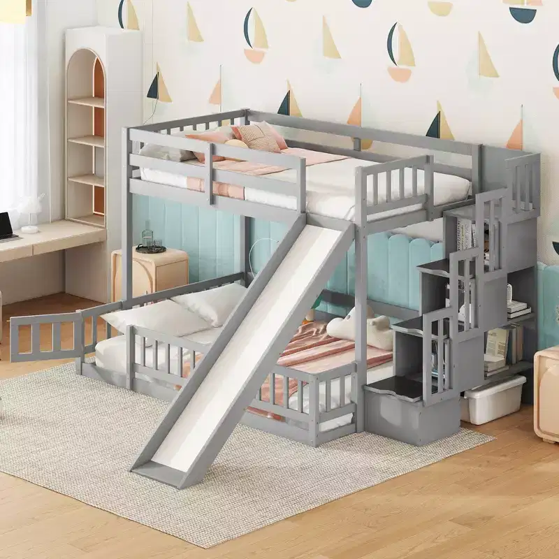 Twin over Full Bunk Bed with Slide, Storage Staircase, Safety Guardrails and Solid Pine Wood Frame, White/Grey-ModernLuxe