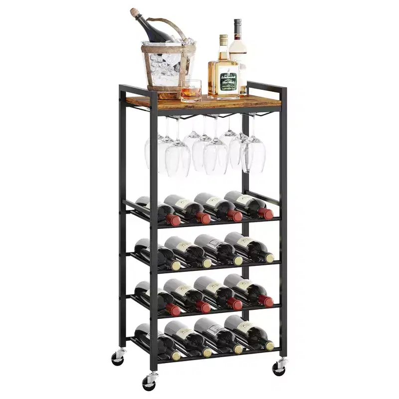 Freestanding Wine Rack with Glass Holder and Tabletop 16 Bottle Storage Rustic Brown Metal Frame