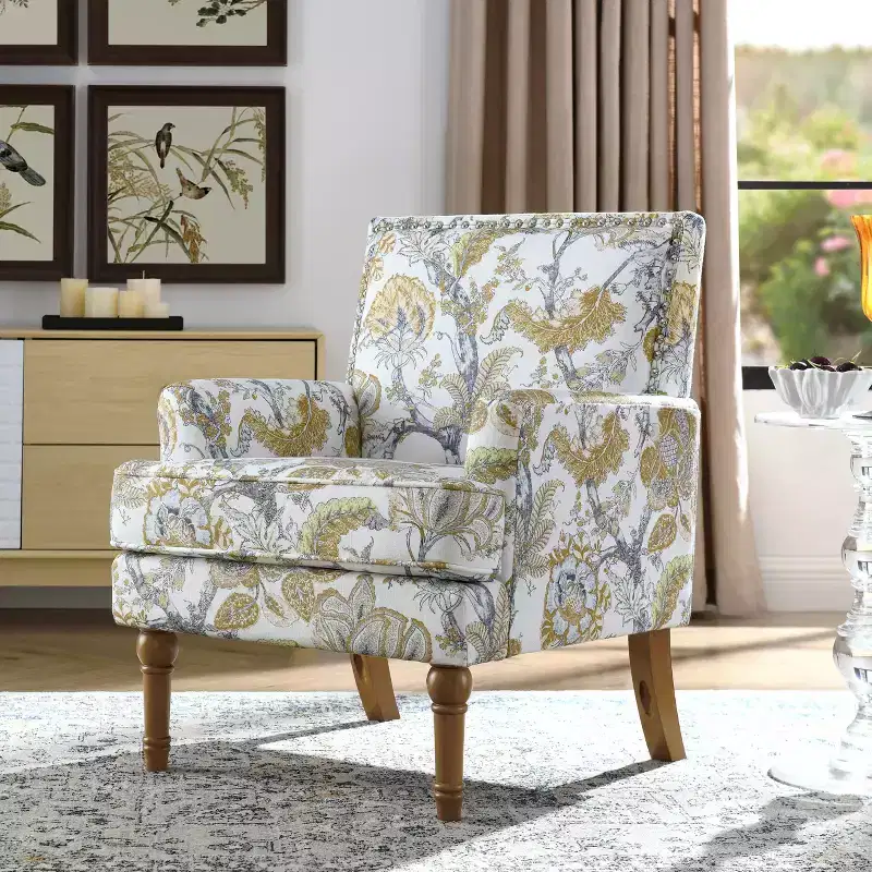 Contemporary Floral Upholstered Wood Accent Chair with Nailhead Trim
