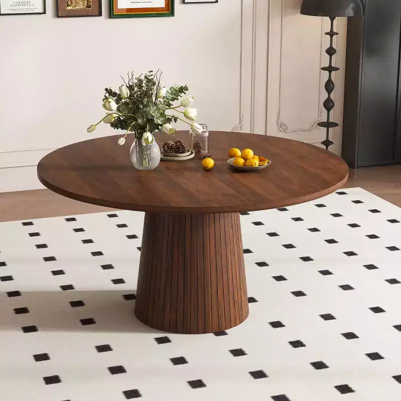47 Modern Round Dining Table for 4, Farmhouse Kitchen Table with Wood Strip Base, Pedestal Table for Dining Room-Panipeachy