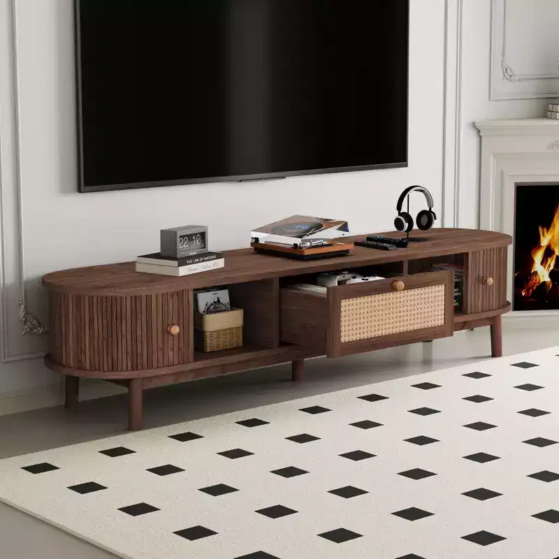 67 Inch Dark Brown TV Stand for 75 InchesTVs Console TV Cabinet with Rattan-Front Drawer for Living Room