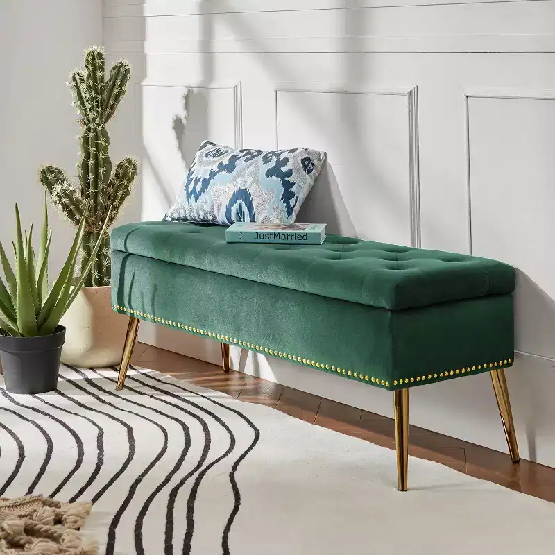 Hippolytus Storage Bench with Nailhead Trim and Button-tufted for Bedroom| ART OF LIVING DESIGNS-BLACK