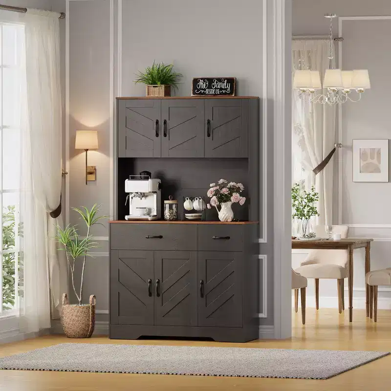 71 Farmhouse Kitchen Pantry Cabinet with Charging Station, Microwave Stand & 2 Drawers, Spacious Storage Hutch for Kitchen Dining Room Coffee Bar