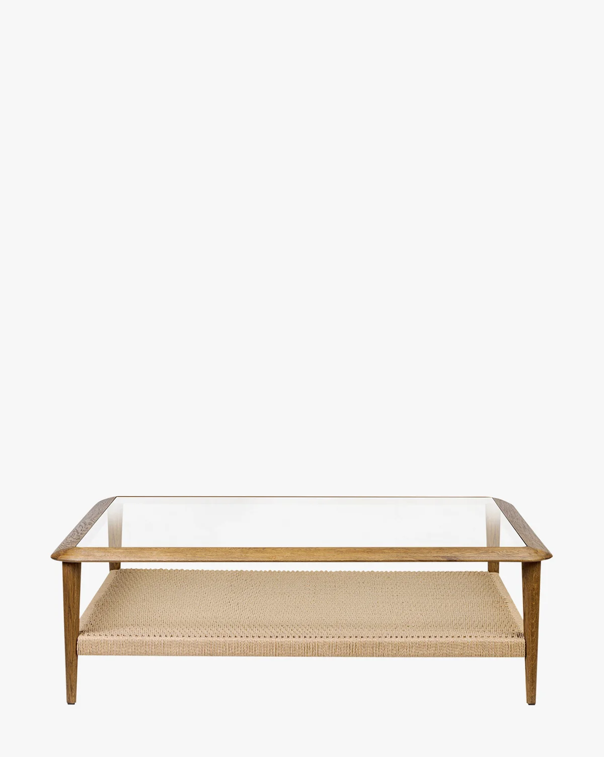 Organic Glass & Oak Coffee Table with Handwoven Jute Shelf for Living Room