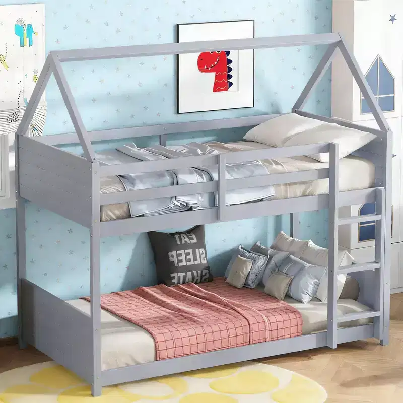 Twin Over Twin House Bunk Bed with Headboard, Footboard and Guardrail
