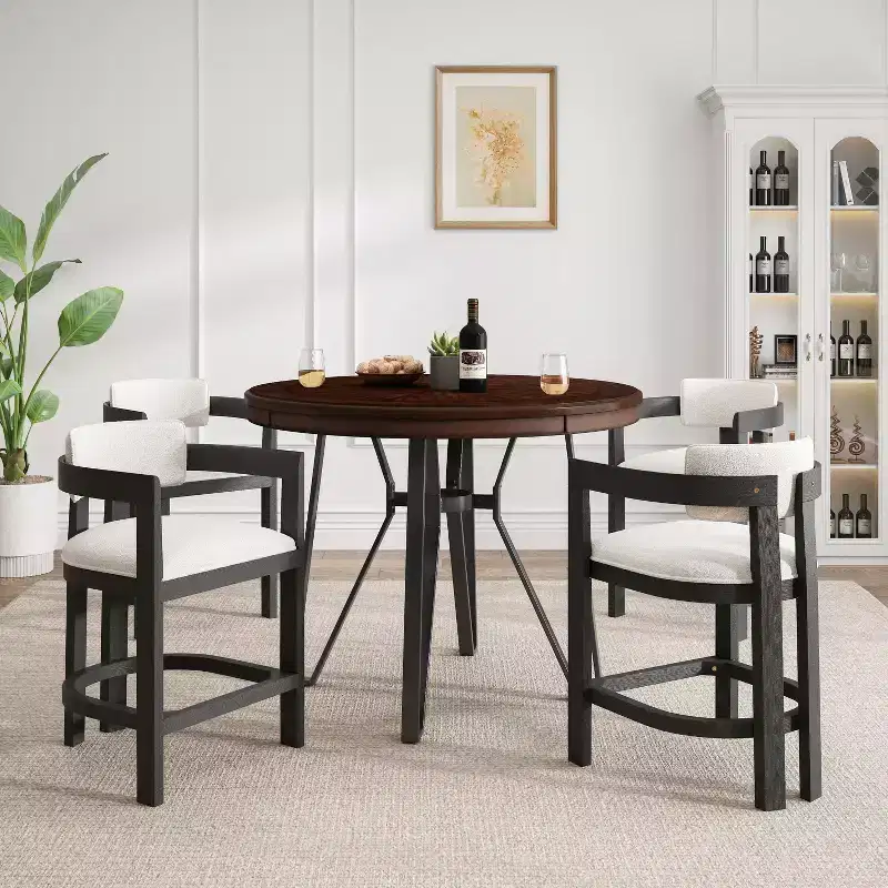 5-Piece Counter Height Dining Set, Round Table with 4 Upholstered Arm Chairs, Natural Brown