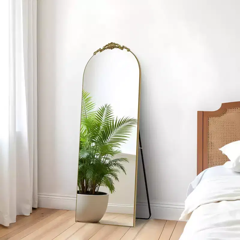 Right Angle Arched Gold Mirror: 64.35 x 23.4, Carved Wood, Full-Length