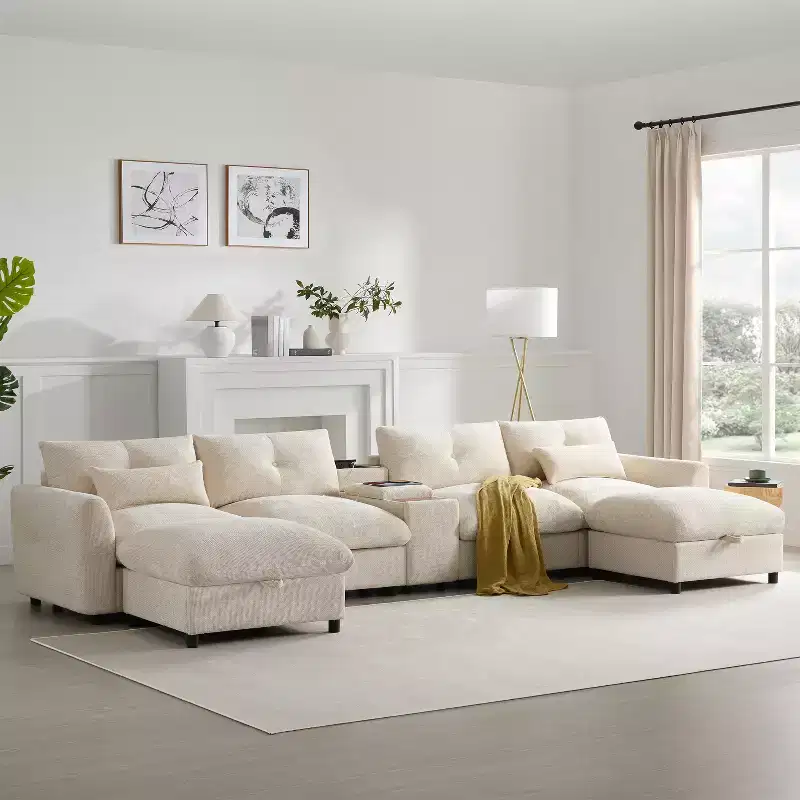 142'' Modular U-Shaped Sectional Sofa with Storage Ottoman Console USB Charger Wide Seats Chenille Upholstery 6-Seater for Living Room Apartment
