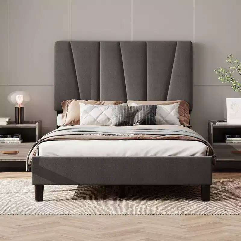 Bed Frame with Adjustable Headboard, Linen Upholstered Full Platform Bedframe with Strong Wooden Slats