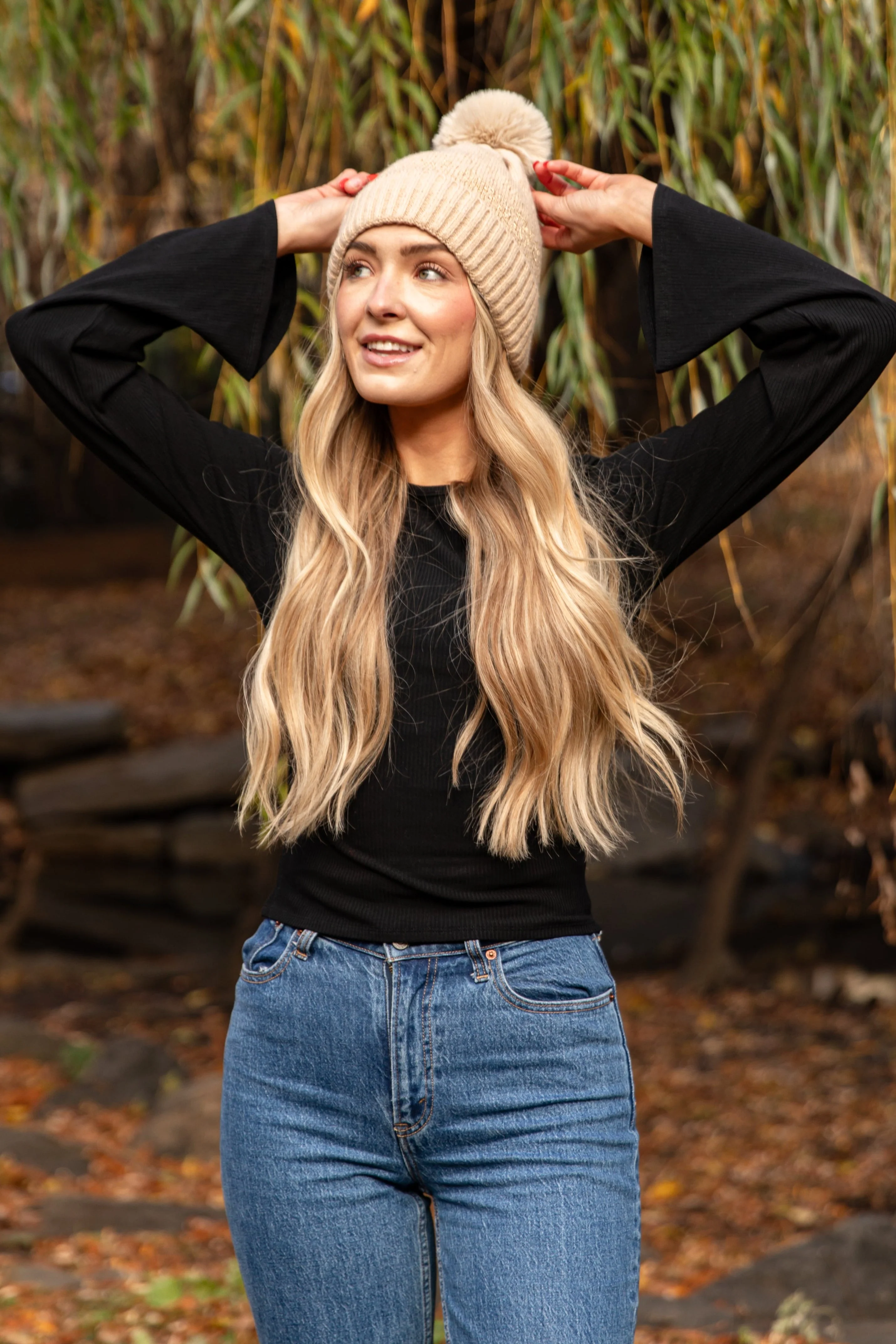 Wide Neck Long Bell Sleeve Ribbed Knit Top