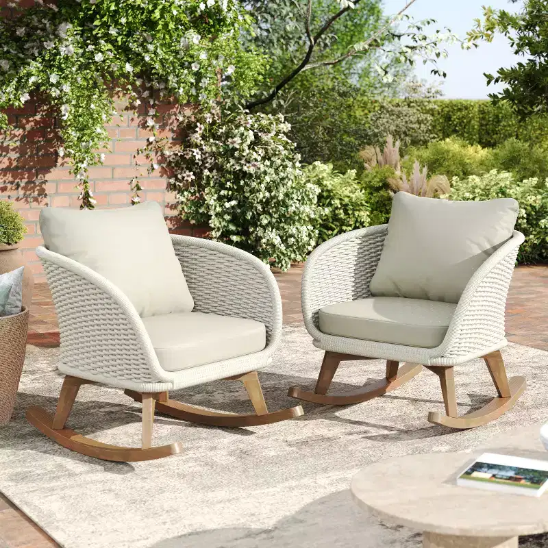 Christopher Knight Home Hattie Patio Contemporary Rattan and Acacia Wood Rocking Chair with Cushion (Set of 2)