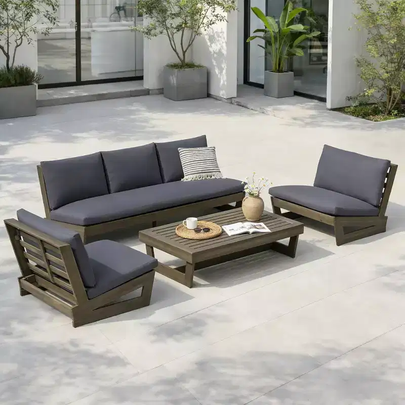 Christopher Knight Home Iman Modern 4 Piece Patio Acacia Seating Set with Cushion and Slatted Coffee Table